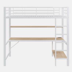 Cama alta 90x200cm - Com corrimão, escada, USB e tomada, com luzes LED, secretária, estante multifuncional - Branco