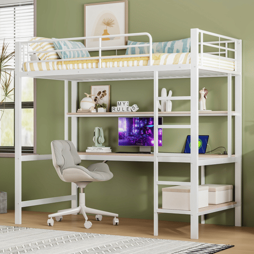 Cama alta 90x200cm - Com corrimão, escada, USB e tomada, com luzes LED, secretária, estante multifuncional - Branco