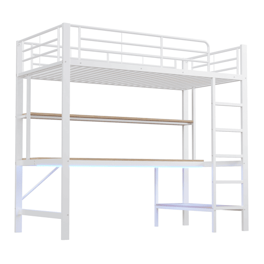 Cama alta 90x200cm - Com corrimão, escada, USB e tomada, com luzes LED, secretária, estante multifuncional - Branco