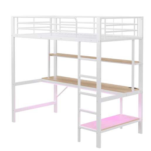 Cama alta 90x200cm - Com corrimão, escada, USB e tomada, com luzes LED, secretária, estante multifuncional - Branco