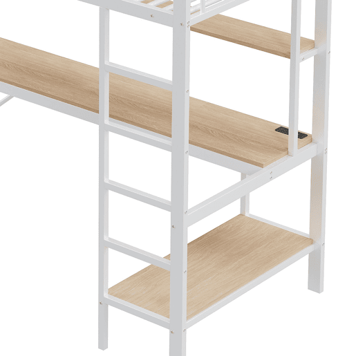 Cama alta 90x200cm - Com corrimão, escada, USB e tomada, com luzes LED, secretária, estante multifuncional - Branco