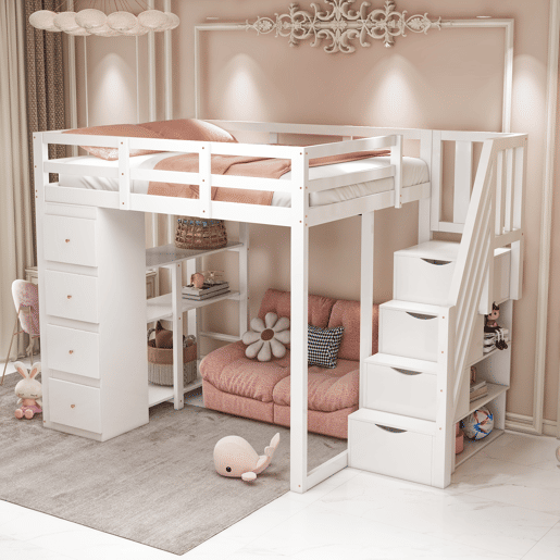 Cama alta 140 x 200 cm - madeira maciça multifuncional com gavetas, cómoda com prateleiras e escada segura - branco