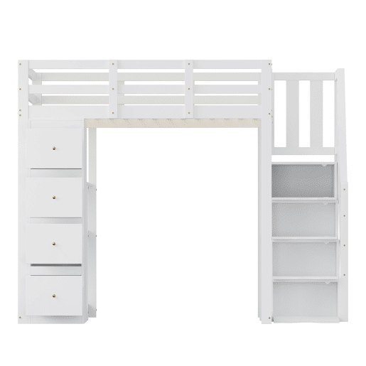 Cama alta 140 x 200 cm - madeira maciça multifuncional com gavetas, cómoda com prateleiras e escada segura - branco