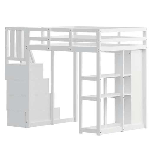 Cama alta 140 x 200 cm - madeira maciça multifuncional com gavetas, cómoda com prateleiras e escada segura - branco