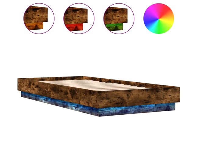 Estructura de cama individual para adultos con luces led roble ahumado 100x200 cm