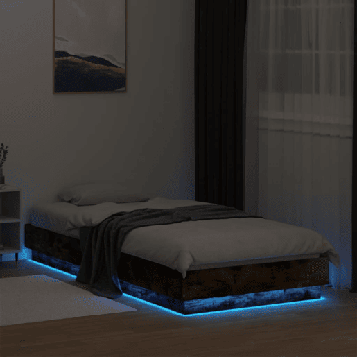 Estrutura de cama de solteiro para adultos com luzes LED 100x200 cm carvalho fumado