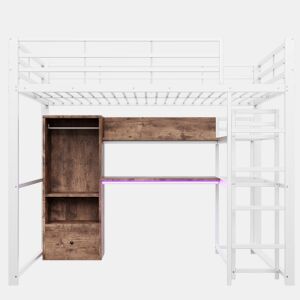 Cama alta 140x200cm - Cama metálica com LED, secretária, 1 gaveta, prateleiras, grade, escada, sem colchão - Branco