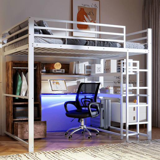 Cama alta 140x200cm - Cama metálica com LED, secretária, 1 gaveta, prateleiras, grade, escada, sem colchão - Branco