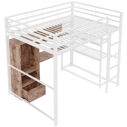 Cama alta 140x200cm - Cama metálica com LED, secretária, 1 gaveta, prateleiras, grade, escada, sem colchão - Branco