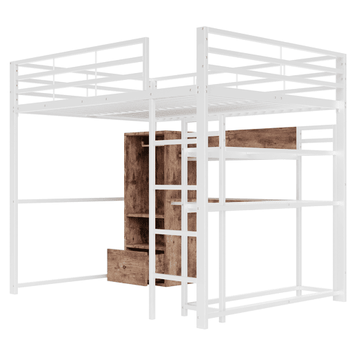 Cama alta 140x200cm - Cama metálica com LED, secretária, 1 gaveta, prateleiras, grade, escada, sem colchão - Branco