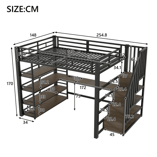 Cama alta metálica 140x200 - escada, secretária, arrumação, USB, LED - Preto