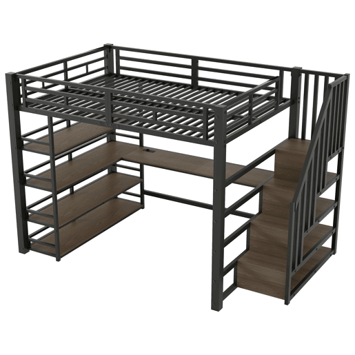 Cama alta metálica 140x200 - escada, secretária, arrumação, USB, LED - Preto