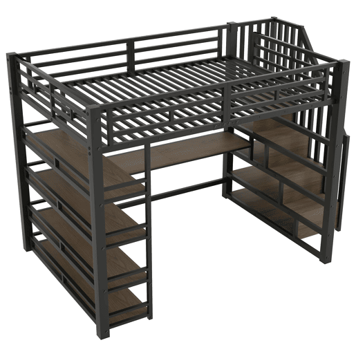 Cama alta metálica 140x200 - escada, secretária, arrumação, USB, LED - Preto