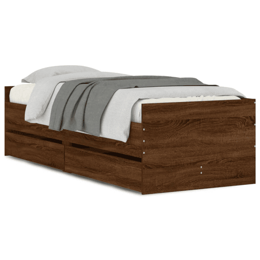 Estrutura de cama de solteiro para adultos solteiro pequena c gavetas carvalho castanho