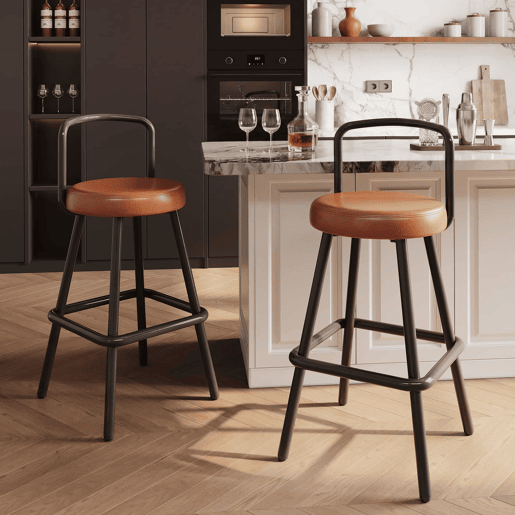 Banco de bar (2 unidades) - encosto ergonómico, PU resistente à água, pernas de ferro - castanho