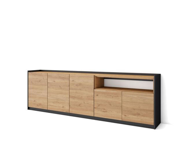 Aparador para salón, gran capacidad de almacenaje, 260x37x80 cm, 5 puertas, armario, zapatero, estilo moderno, roble y negro