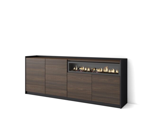 Aparador para salón, gran capacidad de almacenaje, 207x37x80 cm, 4 puertas, chimenea eléctrica, estilo moderno, roble oscuro y negro