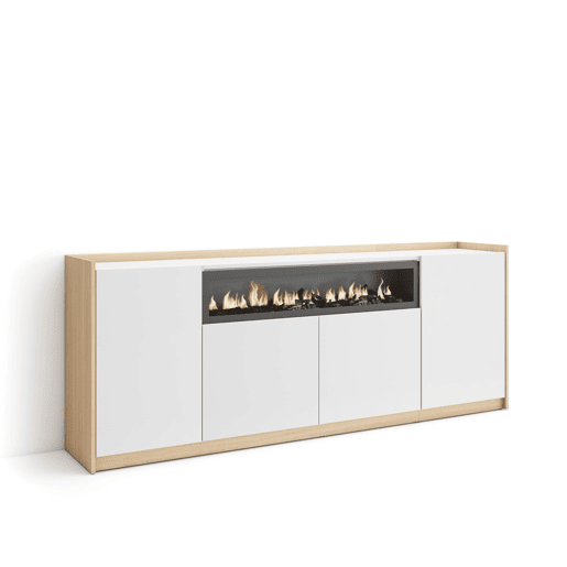 Aparador sala de jantar, Sala, Cozinha, Entrada, TV, 207x37x80 cm, 4 Portas, Lareira eléctrica, Estilo moderno, Branco e Carvalho soft
