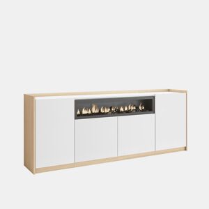Aparador sala de jantar, Sala, Cozinha, Entrada, TV, 207x37x80 cm, 4 Portas, Lareira eléctrica, Estilo moderno, Branco e Carvalho soft