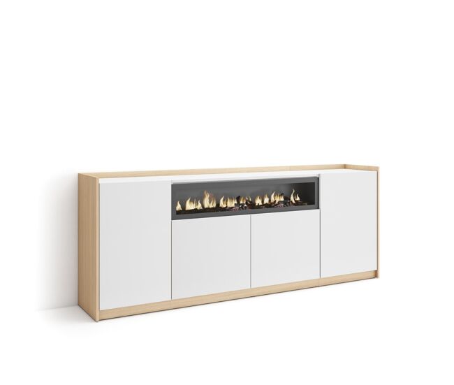 Aparador para salón, gran capacidad de almacenaje, 207x37x80 cm, 4 puertas, chimenea eléctrica, estilo moderno, blanco y roble soft
