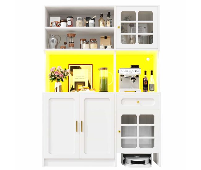 Armario de cocina 130x45x180 cm - alto, con puertas de vidrio y luz led - blanco