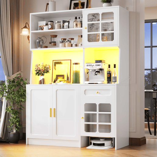 Armário de cozinha 130 x 45 x 180 cm - alto, com portas de vidro e iluminação LED - branco