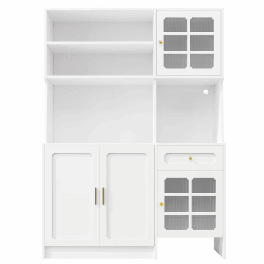 Armário de cozinha 130 x 45 x 180 cm - alto, com portas de vidro e iluminação LED - branco