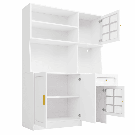 Armário de cozinha 130 x 45 x 180 cm - alto, com portas de vidro e iluminação LED - branco