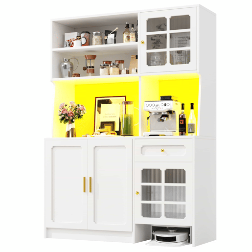 Armário de cozinha 130 x 45 x 180 cm - alto, com portas de vidro e iluminação LED - branco