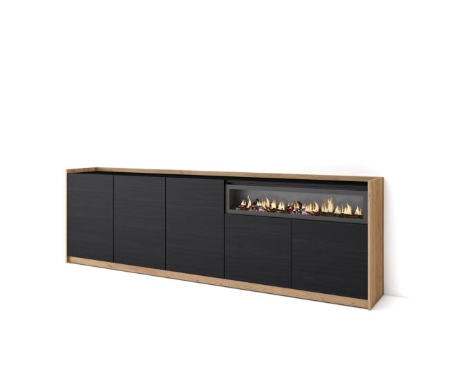 Aparador para salón, gran capacidad de almacenaje, 260x37x80 cm, 5 puertas, chimenea eléctrica, estilo moderno, negro y roble