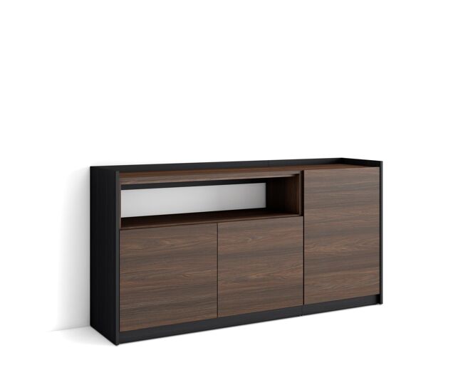 Aparador para salón, gran capacidad de almacenaje, 156x37x80 cm, 3 puertas, armario, zapatero, estilo moderno, roble oscuro y negro