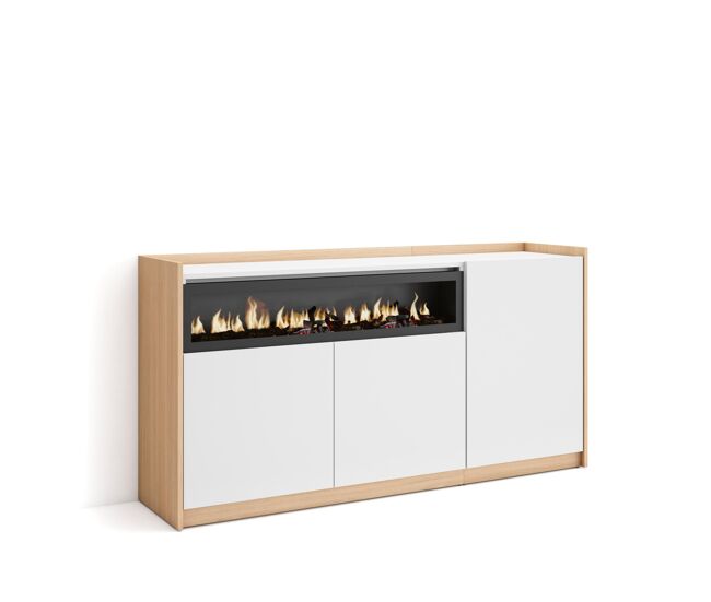 Aparador para salón, gran capacidad de almacenaje, 156x37x80 cm, 3 puertas, chimenea eléctrica, estilo moderno, blanco y roble soft