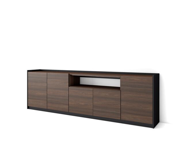 Aparador para salón, gran capacidad de almacenaje, 260x37x80 cm, 5 puertas, armario, zapatero, estilo moderno, roble oscuro y negro