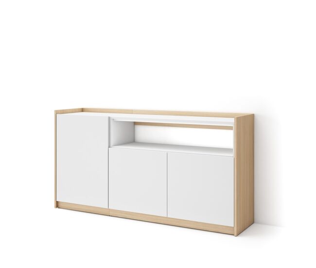Aparador para salón, gran capacidad de almacenaje, 156x37x80 cm, 3 puertas, armario, zapatero, estilo moderno, blanco y roble soft