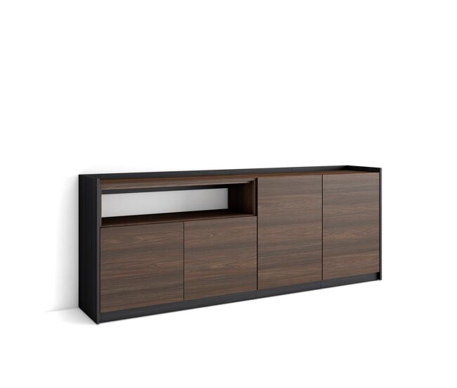 Aparador para salón, gran capacidad de almacenaje, 207x37x80 cm, 4 puertas, armario, zapatero, estilo moderno, roble oscuro y negro