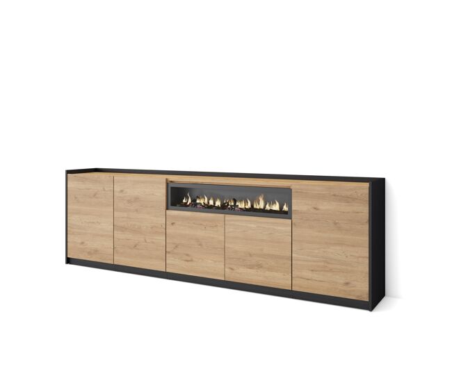 Aparador para salón, gran capacidad de almacenaje, 260x37x80 cm, 5 puertas, chimenea eléctrica, estilo moderno, roble y negro
