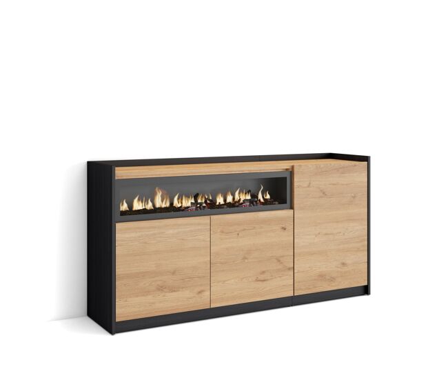 Aparador para salón, gran capacidad de almacenaje, 156x37x80 cm, 3 puertas, chimenea eléctrica, estilo moderno, roble y negro