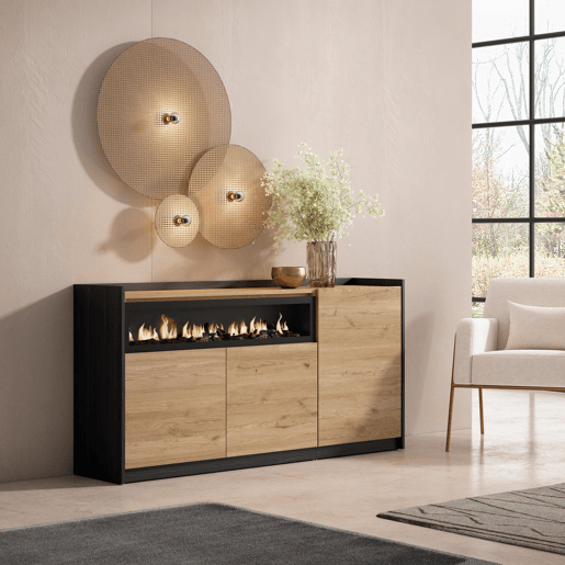 Aparador sala de jantar, Sala, Cozinha, Entrada, TV, 156x37x80 cm, 3 Portas, Lareira eléctrica, Estilo moderno, Carvalho e preto