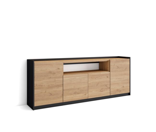 Aparador para salón, gran capacidad de almacenaje, 207x37x80 cm, 4 puertas, armario, zapatero, estilo moderno, roble y negro