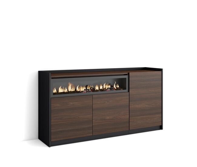 Aparador para salón, gran capacidad de almacenaje, 156x37x80 cm, 3 puertas, chimenea eléctrica, estilo moderno, roble oscuro y negro