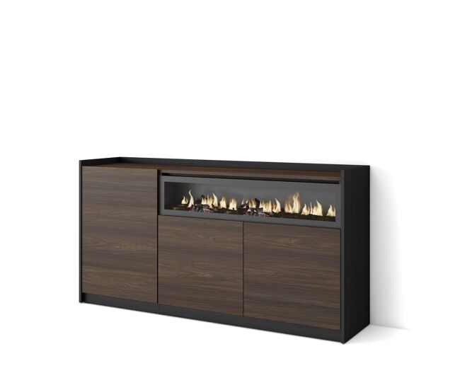 Aparador para salón, gran capacidad de almacenaje, 156x37x80 cm, 3 puertas, chimenea eléctrica, estilo moderno, roble oscuro y negro