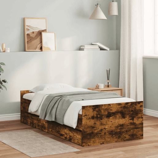 Estrutura de cama de solteiro para adultos com gavetas 90x190 cm carvalho fumado Estrutura de cama de solteiro para adultos com gavetas 90x190 cm carvalho fumado