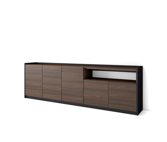 Aparador para salón, gran capacidad de almacenaje, 260x37x80 cm, 5 puertas, armario, zapatero, estilo moderno, roble oscuro y negro