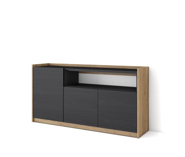 Aparador para salón, gran capacidad de almacenaje, 156x37x80 cm, 3 puertas, armario, zapatero, estilo moderno, negro y roble