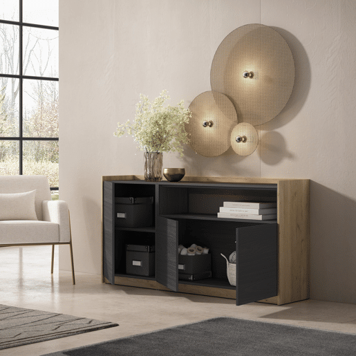 Aparador sala de jantar, Sala, Cozinha, Entrada, TV, 156x37x80 cm, 3 Portas, Armário arrumação, Estilo moderno, Preto e Carvalho Aparador sala de jantar, Sala, Cozinha, Entrada, TV, 156x37x80 cm, 3 Portas, Armário arrumação, Estilo moderno, Preto e Carvalho