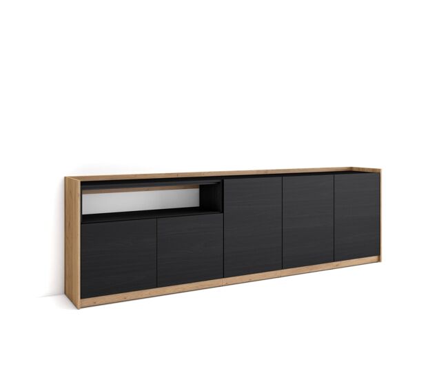 Aparador para salón, gran capacidad de almacenaje, 260x37x80 cm, 5 puertas, armario, zapatero, estilo moderno, negro y roble