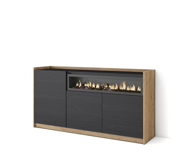 Aparador para salón, gran capacidad de almacenaje, 156x37x80 cm, 3 puertas, chimenea eléctrica, estilo moderno, negro y roble