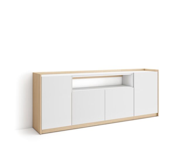 Aparador para salón, gran capacidad de almacenaje, 207x37x80 cm, 4 puertas, armario, zapatero, estilo moderno, blanco y roble soft