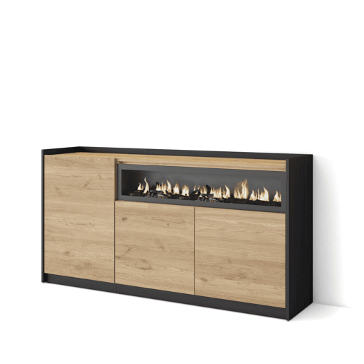 Aparador sala de jantar, Sala, Cozinha, Entrada, TV, 156x37x80 cm, 3 Portas, Lareira eléctrica, Estilo moderno, Carvalho e preto Aparador sala de jantar, Sala, Cozinha, Entrada, TV, 156x37x80 cm, 3 Portas, Lareira eléctrica, Estilo moderno, Carvalho e preto