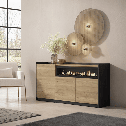 Aparador sala de jantar, Sala, Cozinha, Entrada, TV, 156x37x80 cm, 3 Portas, Lareira eléctrica, Estilo moderno, Carvalho e preto Aparador sala de jantar, Sala, Cozinha, Entrada, TV, 156x37x80 cm, 3 Portas, Lareira eléctrica, Estilo moderno, Carvalho e preto